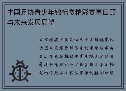 中国足协青少年锦标赛精彩赛事回顾与未来发展展望