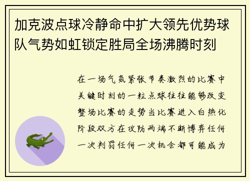 加克波点球冷静命中扩大领先优势球队气势如虹锁定胜局全场沸腾时刻